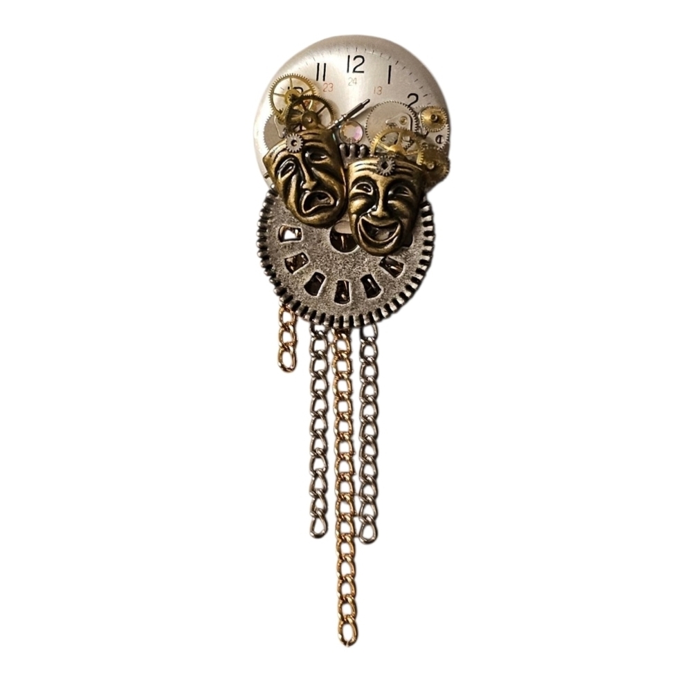 Vtg DIXI DESIGN Steampunk Drama Comedy Tragedy Watch Brooch P1P12